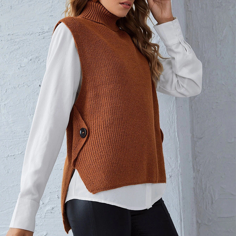 Damen ärmellose Strickjacke mit hohem Kragen und Knopfdetails Krohn-e