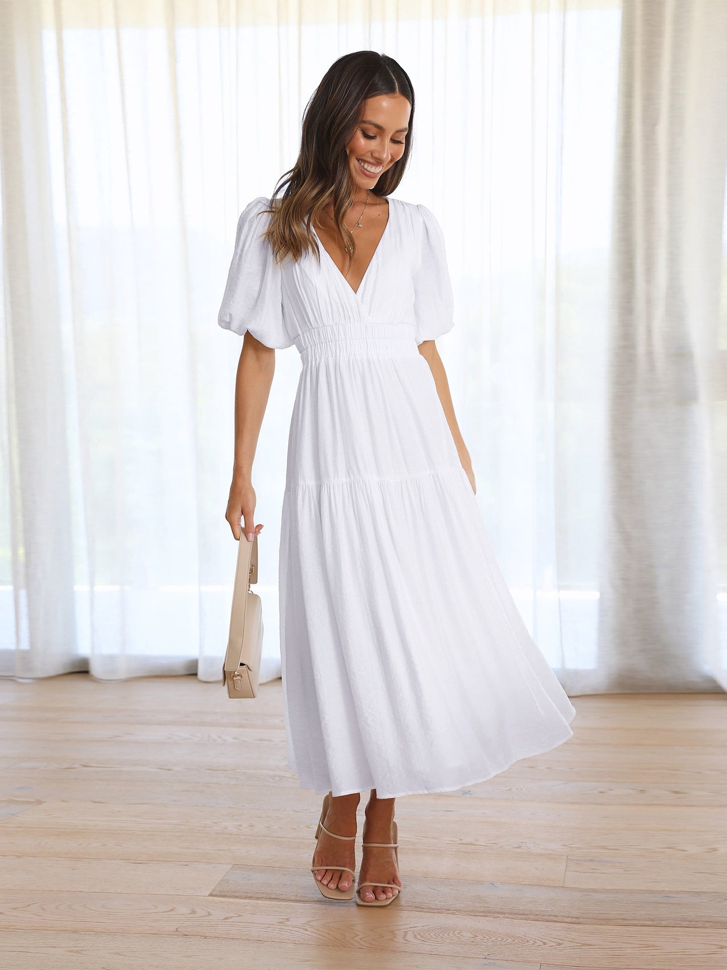 KROHN-E Damen V-Ausschnitt Midi-Kleid Puffärmel Schwarz