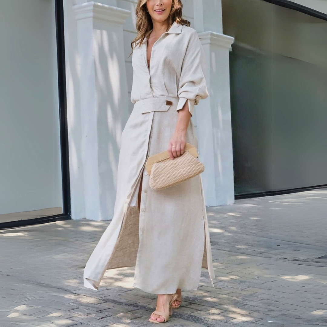 KROHN-E Damen Maxi-Kleid V-Ausschnitt fließend Sommer