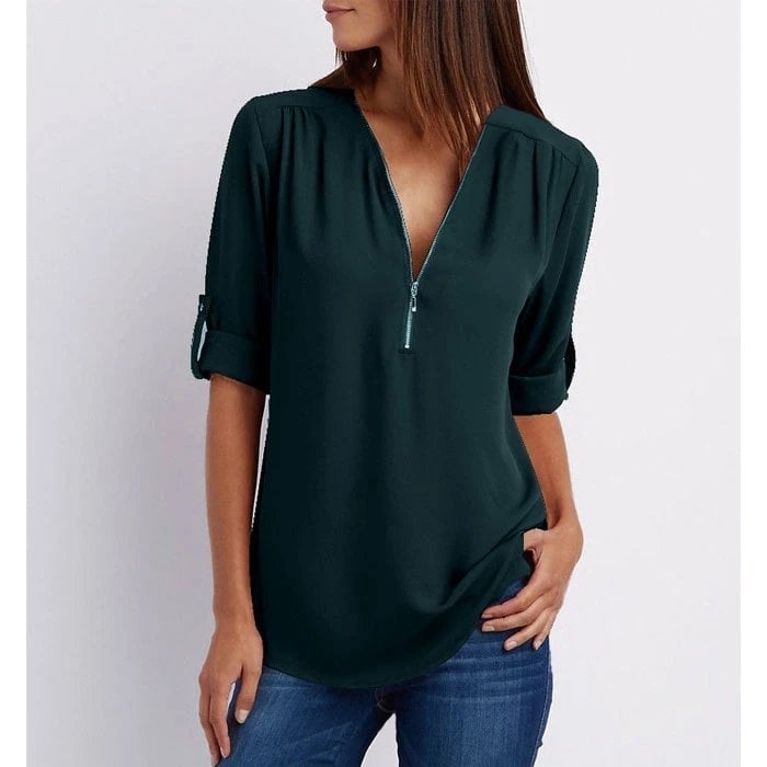 KROHN-E Damen Bluse V-Ausschnitt Reißverschluss rosa Kurzarm