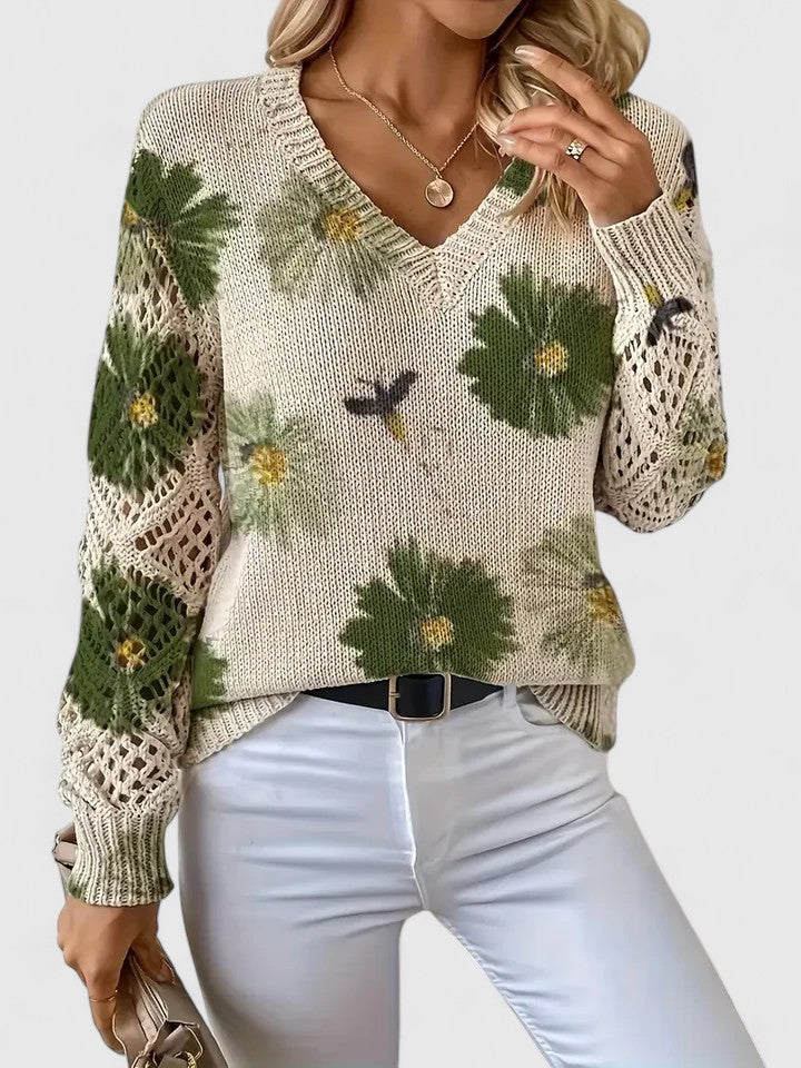 KROHN-E Damen Pullover Blumenmuster Weich Entspannte Passform