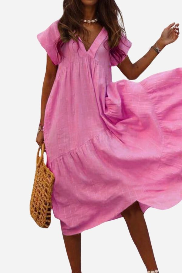 KROHN-E Damen Midi-Kleid V-Ausschnitt Stufen-Design Flatter-Ärmel Rosa