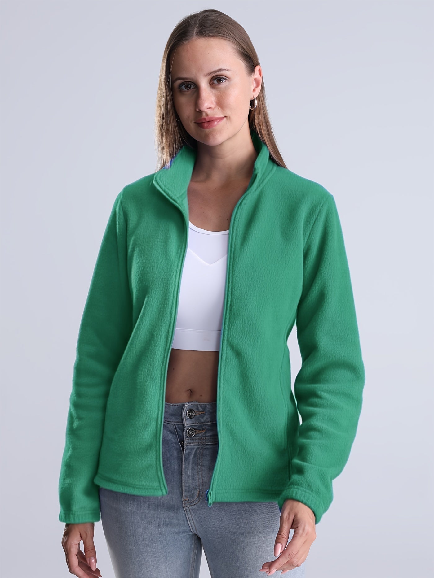Krohn-e | Unifarbene Fleece-Jacke mit Reißverschluss und Taschen