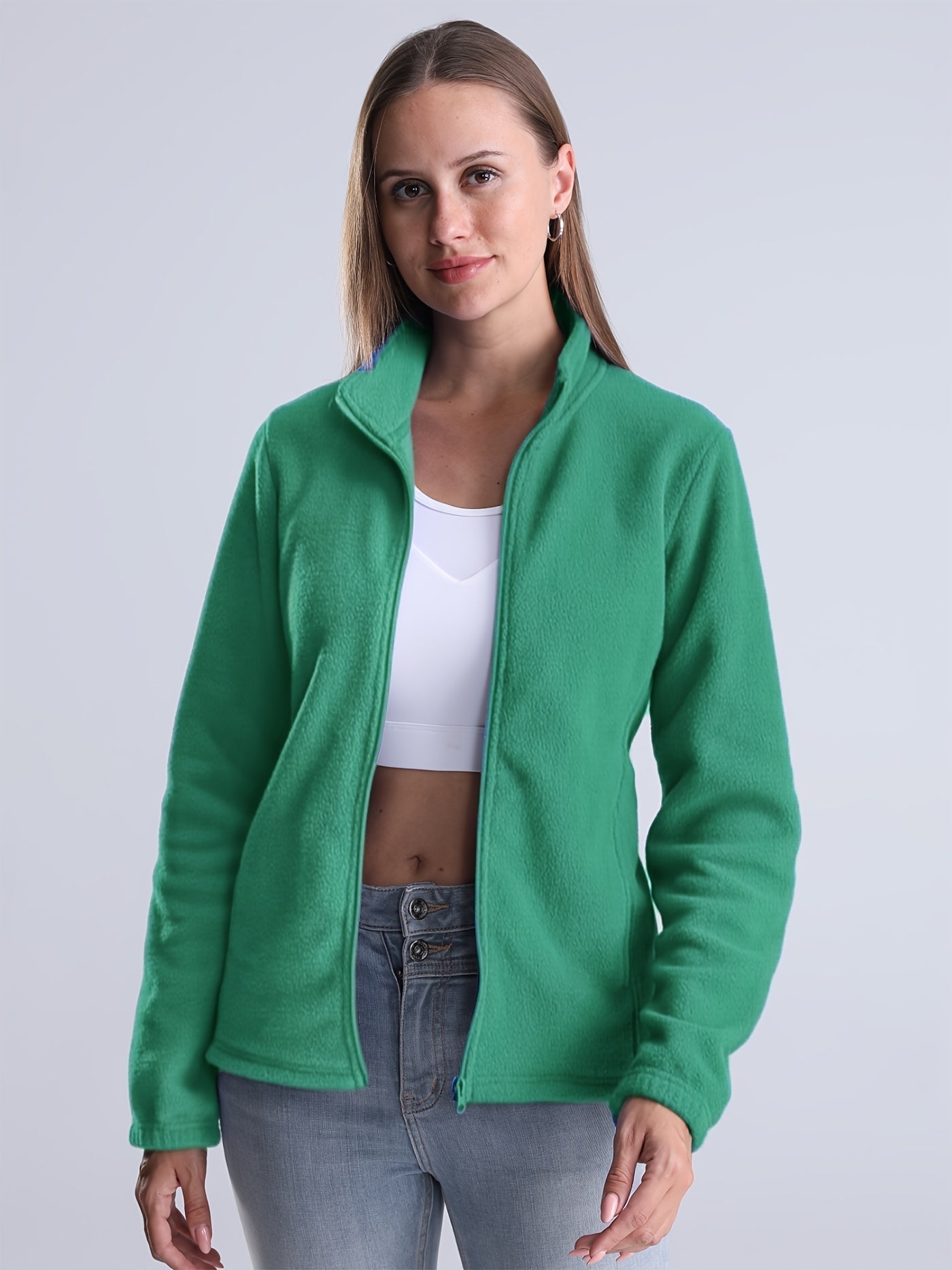 Krohn-e | Unifarbene Fleece-Jacke mit Reißverschluss und Taschen