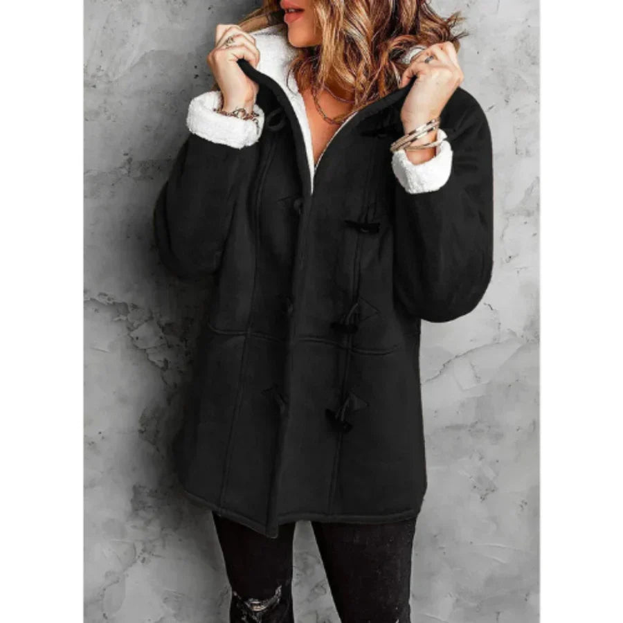 Krohn-e | Mantel mit Kapuze - Wildleder-Look - Fleece-Futter - Lockere Passform - Mittellang