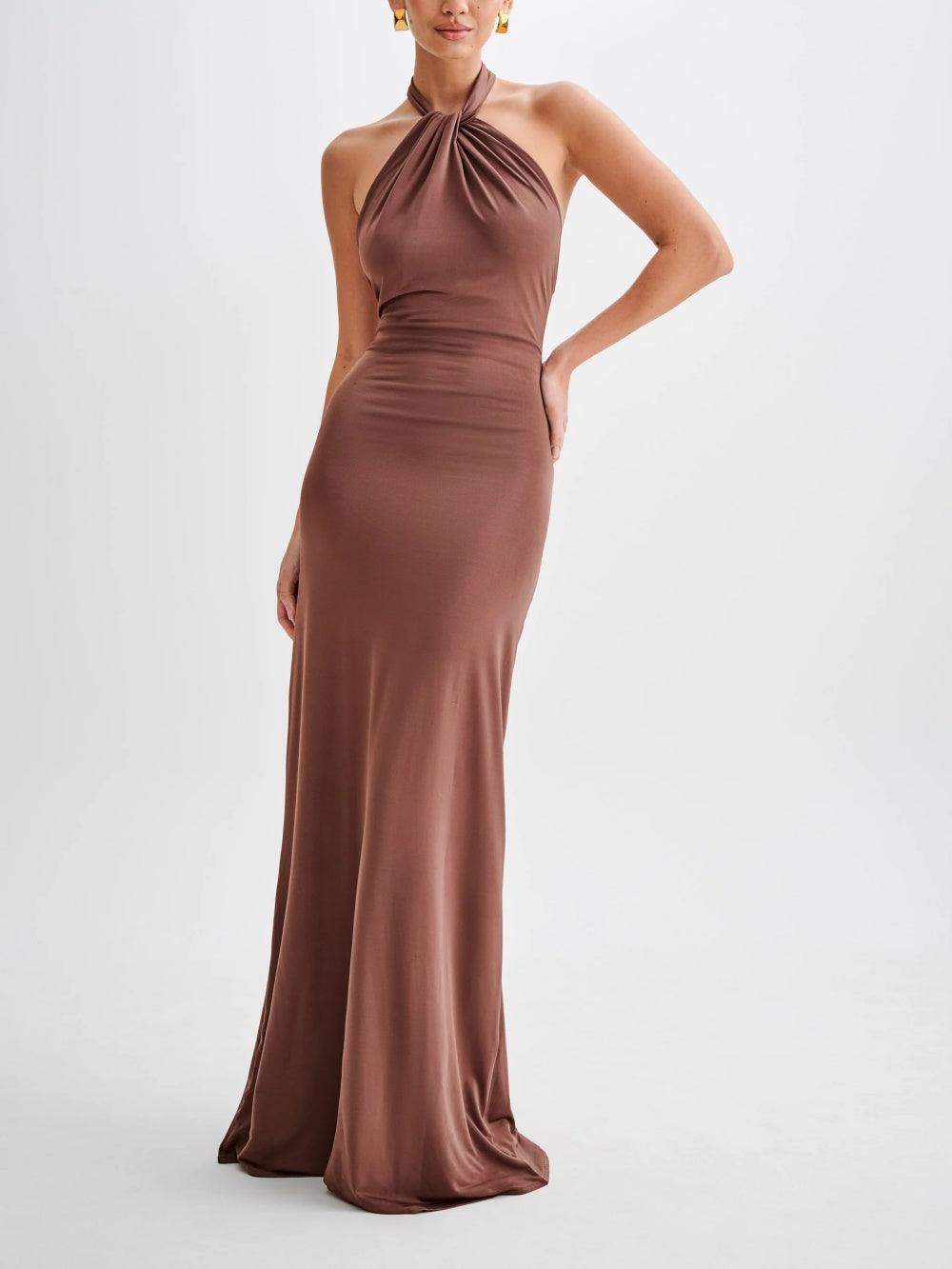 KROHN-E Damen Neckholder Maxi-Kleid fließendes Design verstellbarer Ausschnitt