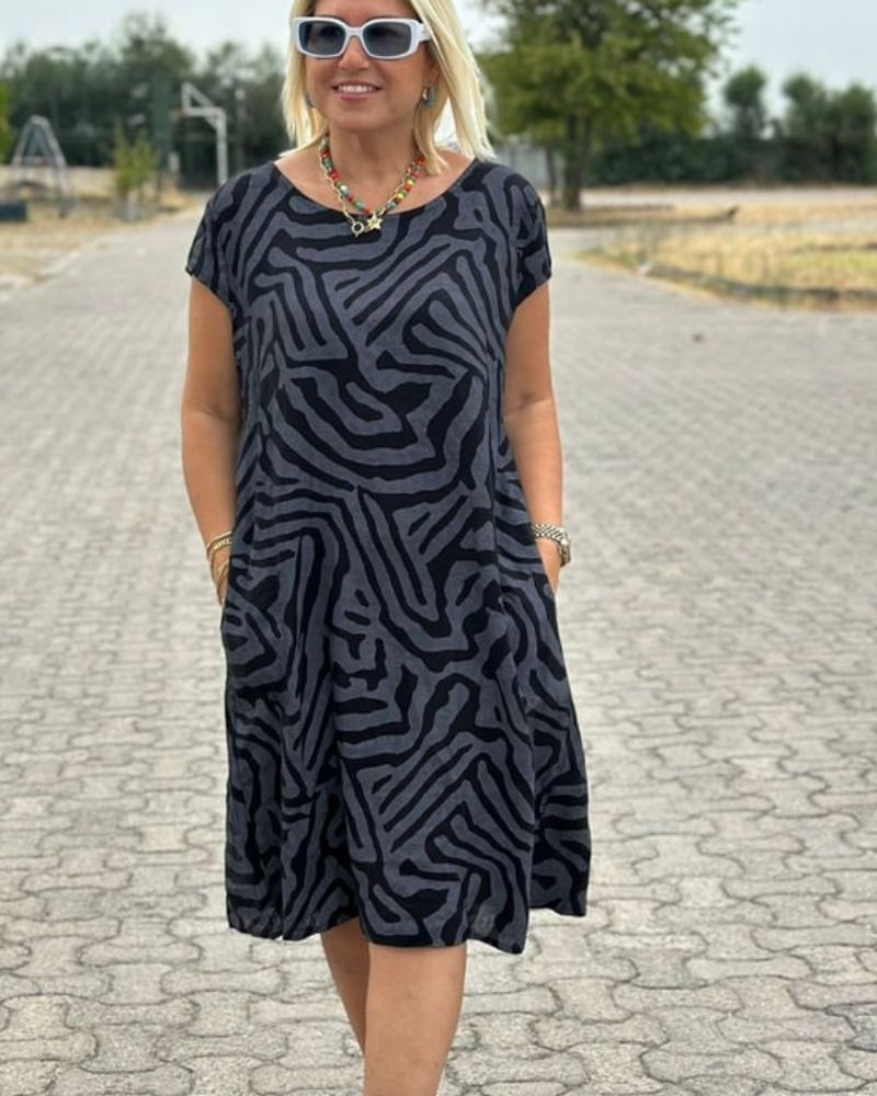 KROHN-E Damen Sommerkleid Rundhals Print-Design Vintage-Stil