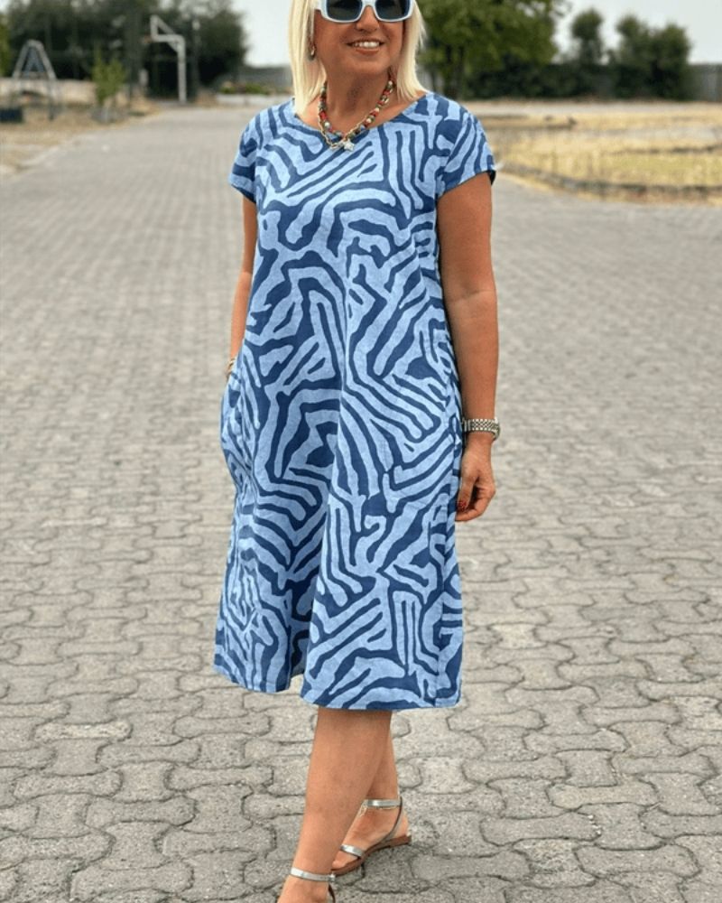 KROHN-E Damen Sommerkleid Rundhals Print-Design Vintage-Stil