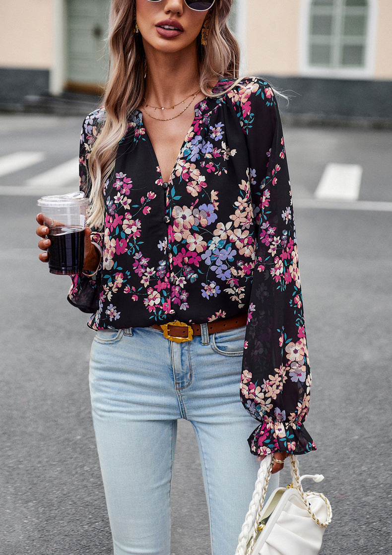 Trendige Damenbluse mit V-Ausschnitt und Blumenmuster von Fudus