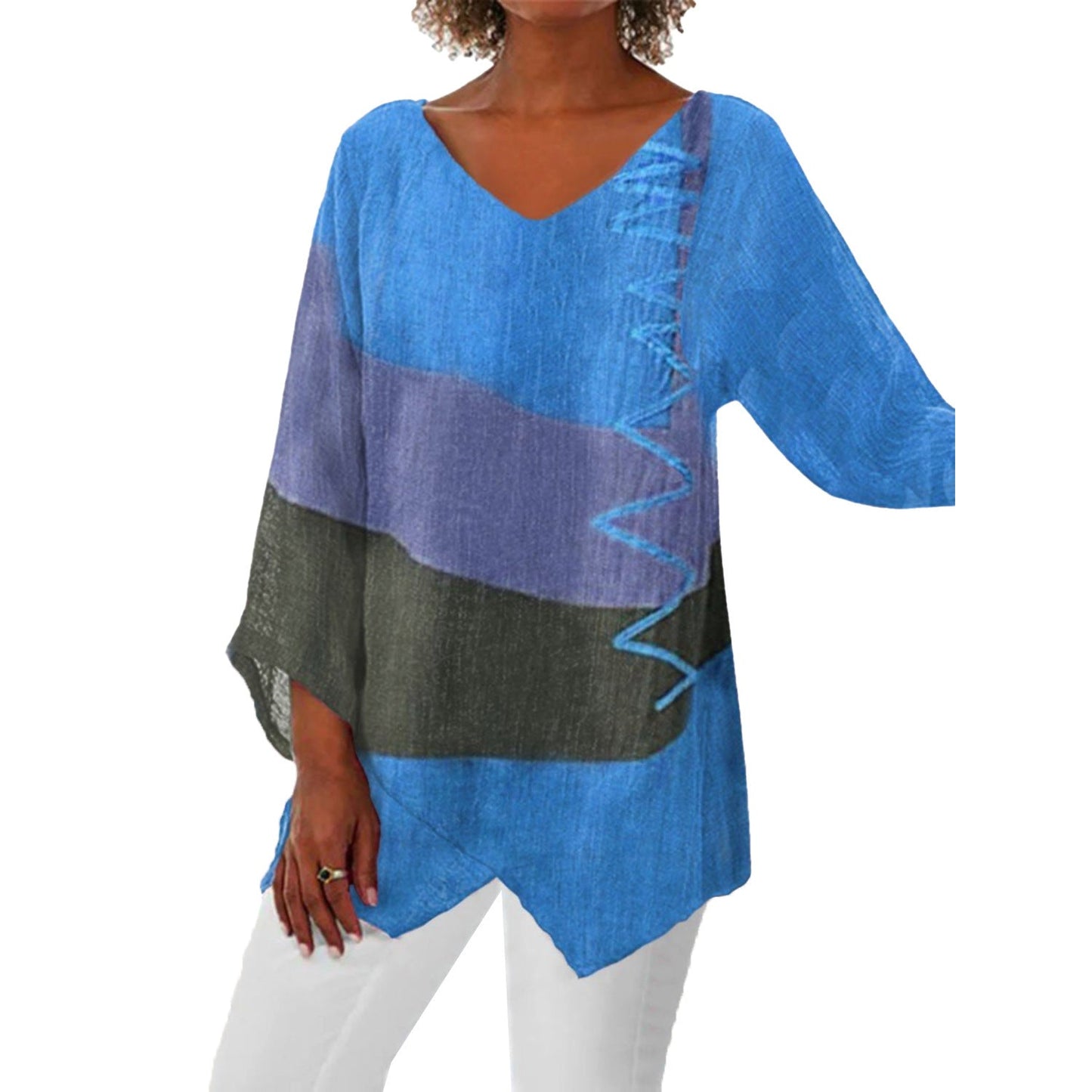 Damen-Shirt mit V-Ausschnitt, lockerer Passform, unregelmäßigem Saum und Kunstprint von Fudus