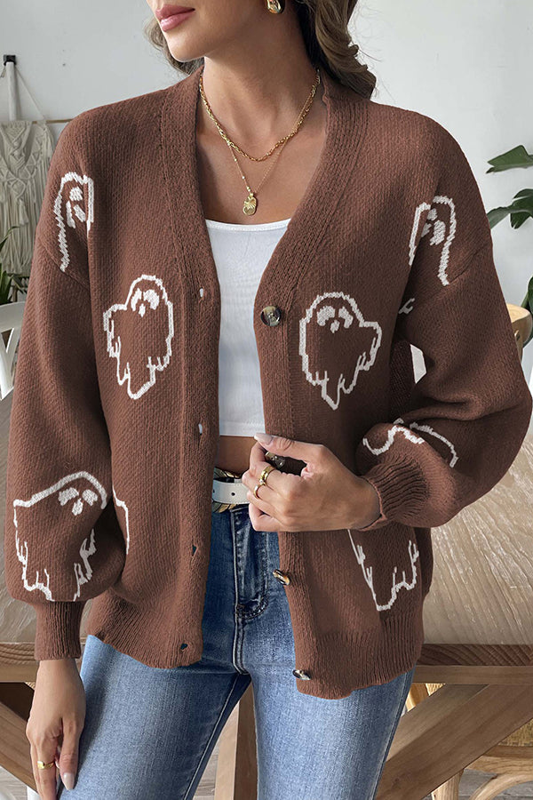 Krohn-e | Halloween Geister Strickpullover mit Knopfverschluss
