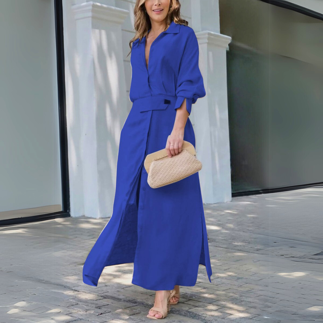 KROHN-E Damen Maxi-Kleid V-Ausschnitt fließend Sommer