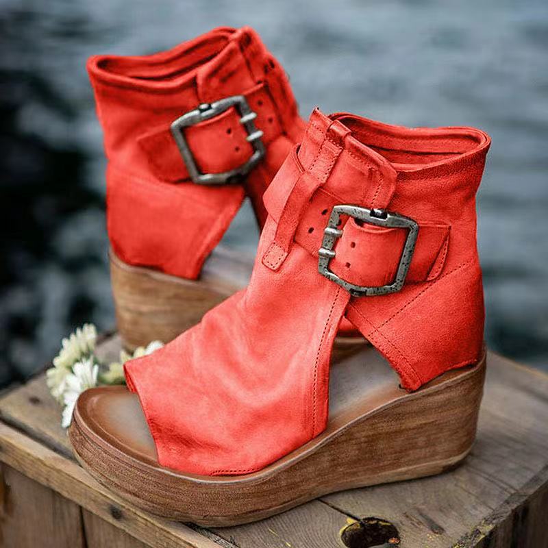 KROHN-E Damen Keilabsatz Sandalen Schnalle Boho-Design Sommerschuhe