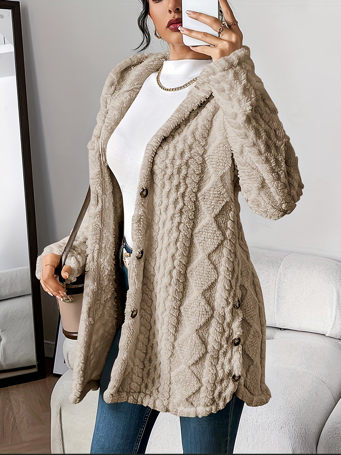 KROHN-E Damen Kapuzen-Cardigan Weich Plüsch Warm Oversized