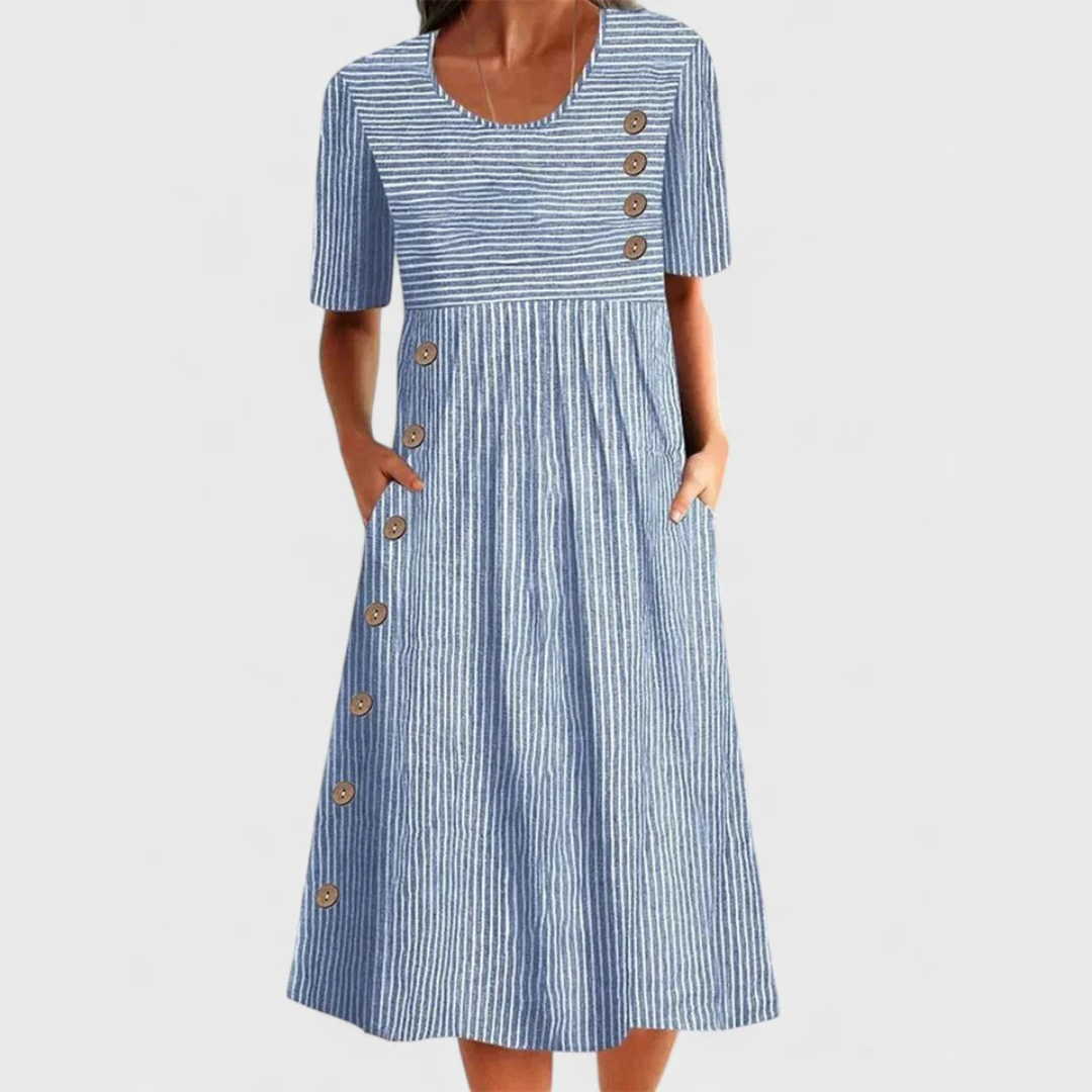 KROHN-E Damen Midi-Kleid Gestreift Knopfdetails Marine