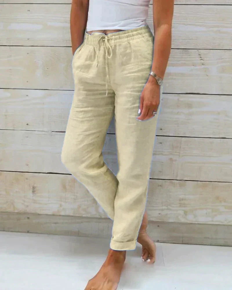 Damen Leinenhose mit Kordelzug und Taschen
