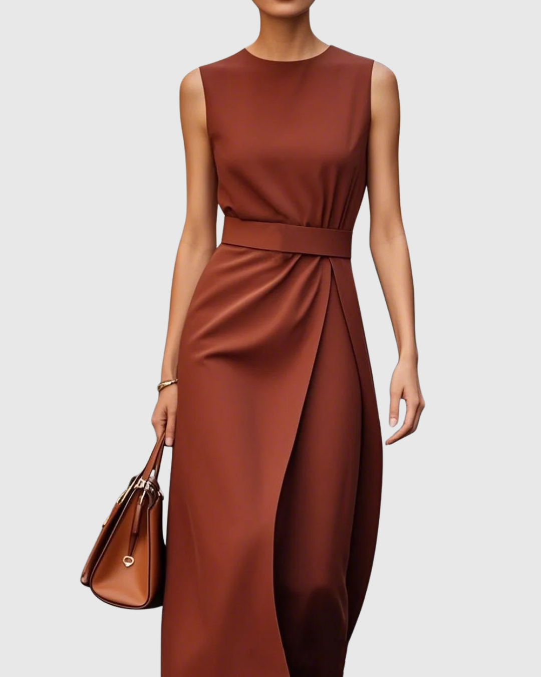KROHN-E Damen Midi-Kleid Ärmellos Twist-Detail Rostbraun