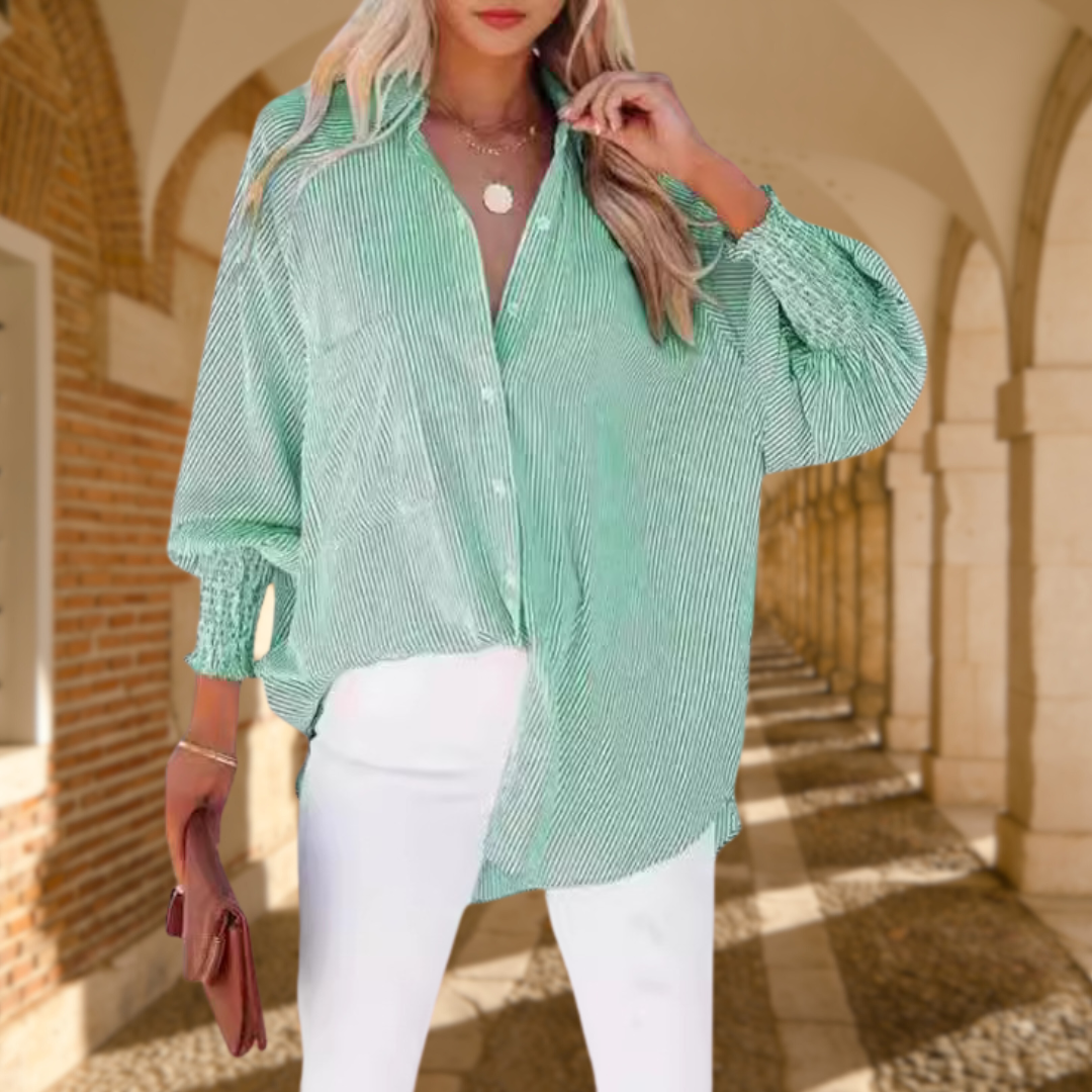 KROHN-E Damen Oversized Hemdbluse Gestreift Langarm Hellblau Weiß