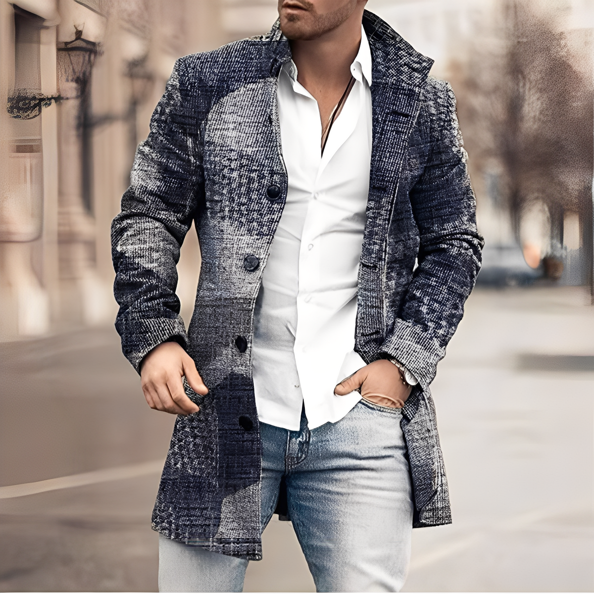 Krohn-e | Lässiger Langer Tweed-Mantel für Herren
