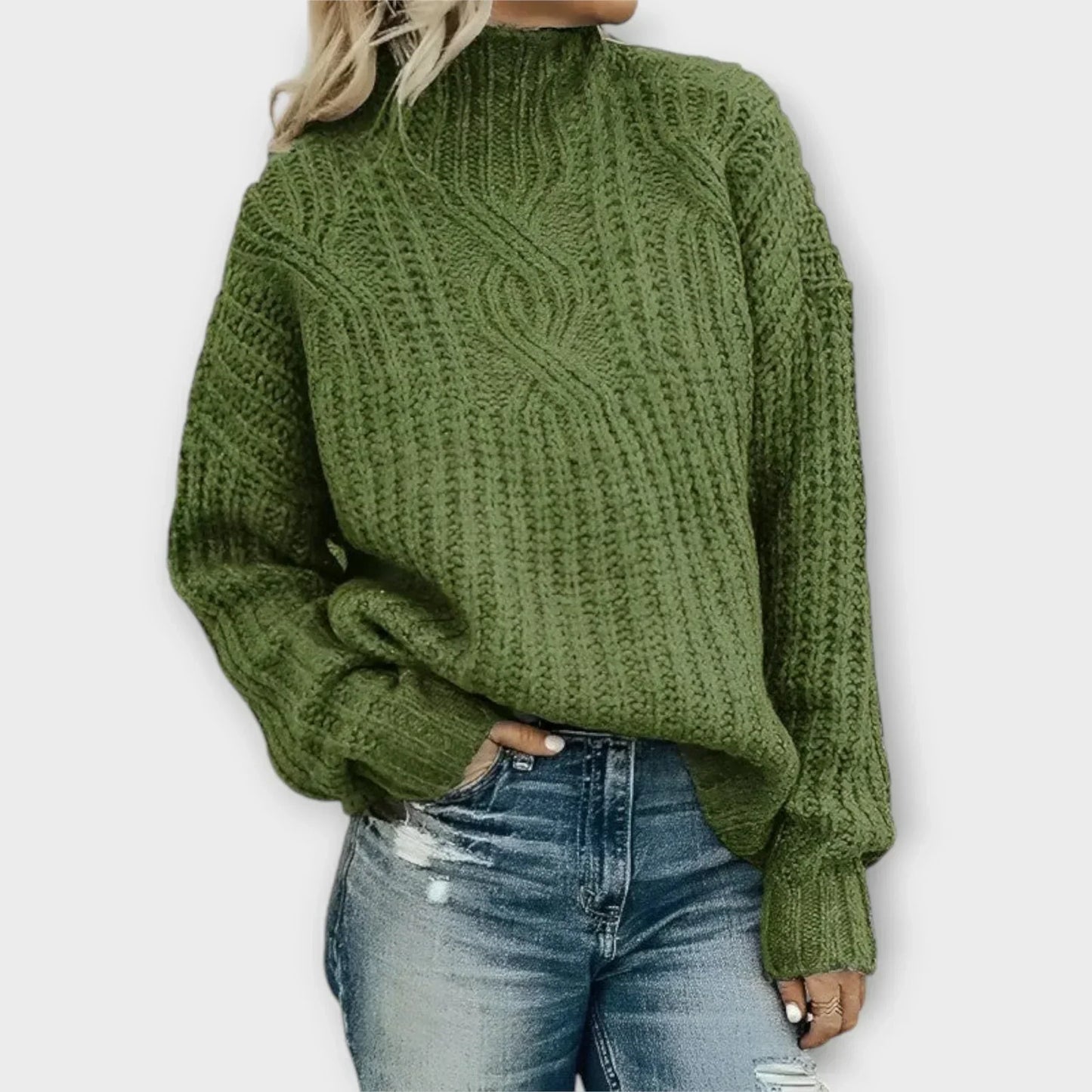 KROHN-E Damen Pullover Stehkragen Zopfmuster Langarm Strick