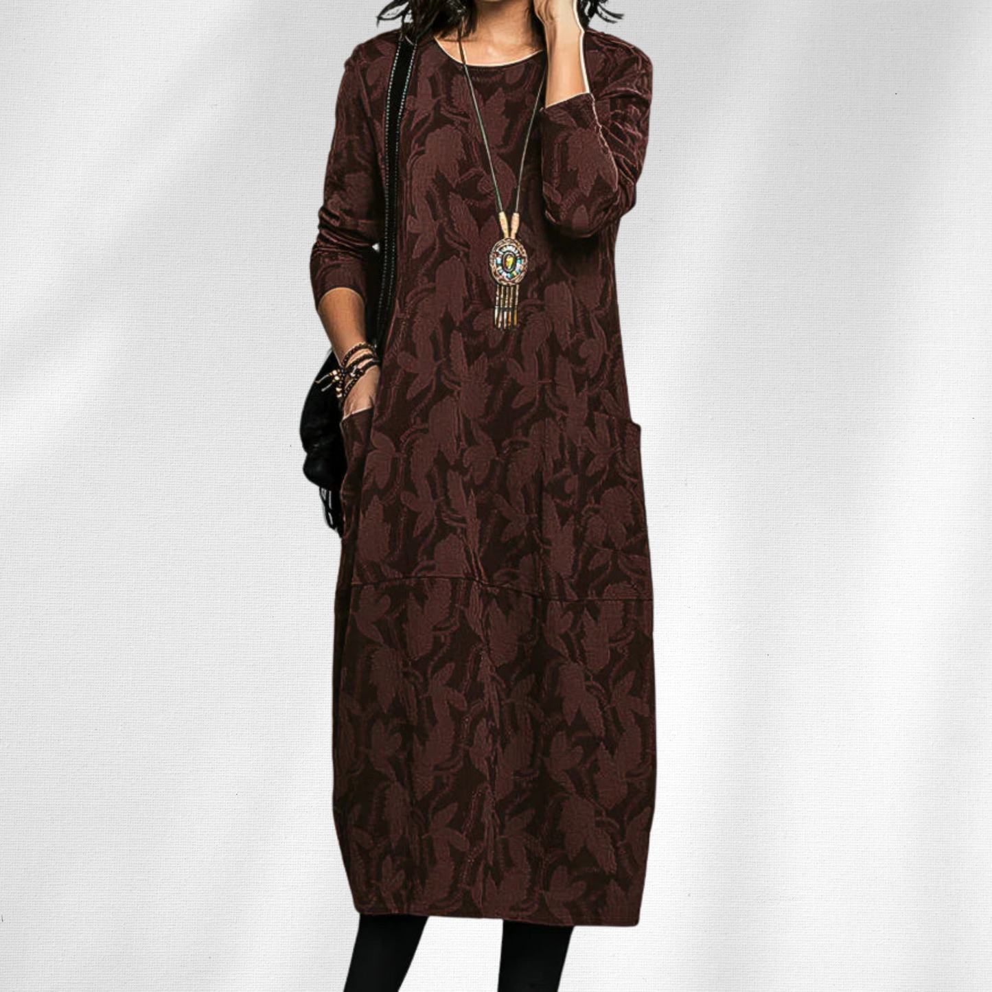KROHN-E Damen Winter-Kleid Langarm Rundhals Blumenmuster Warm