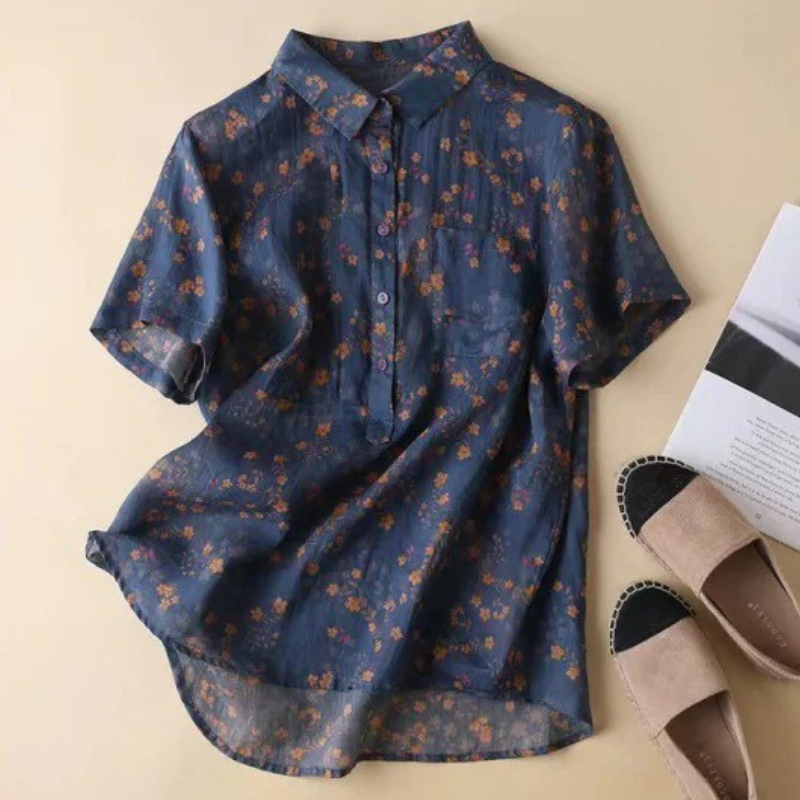 KROHN-E Damen Bluse Blumenmuster Leicht Kurze Ärmel Knopfleiste