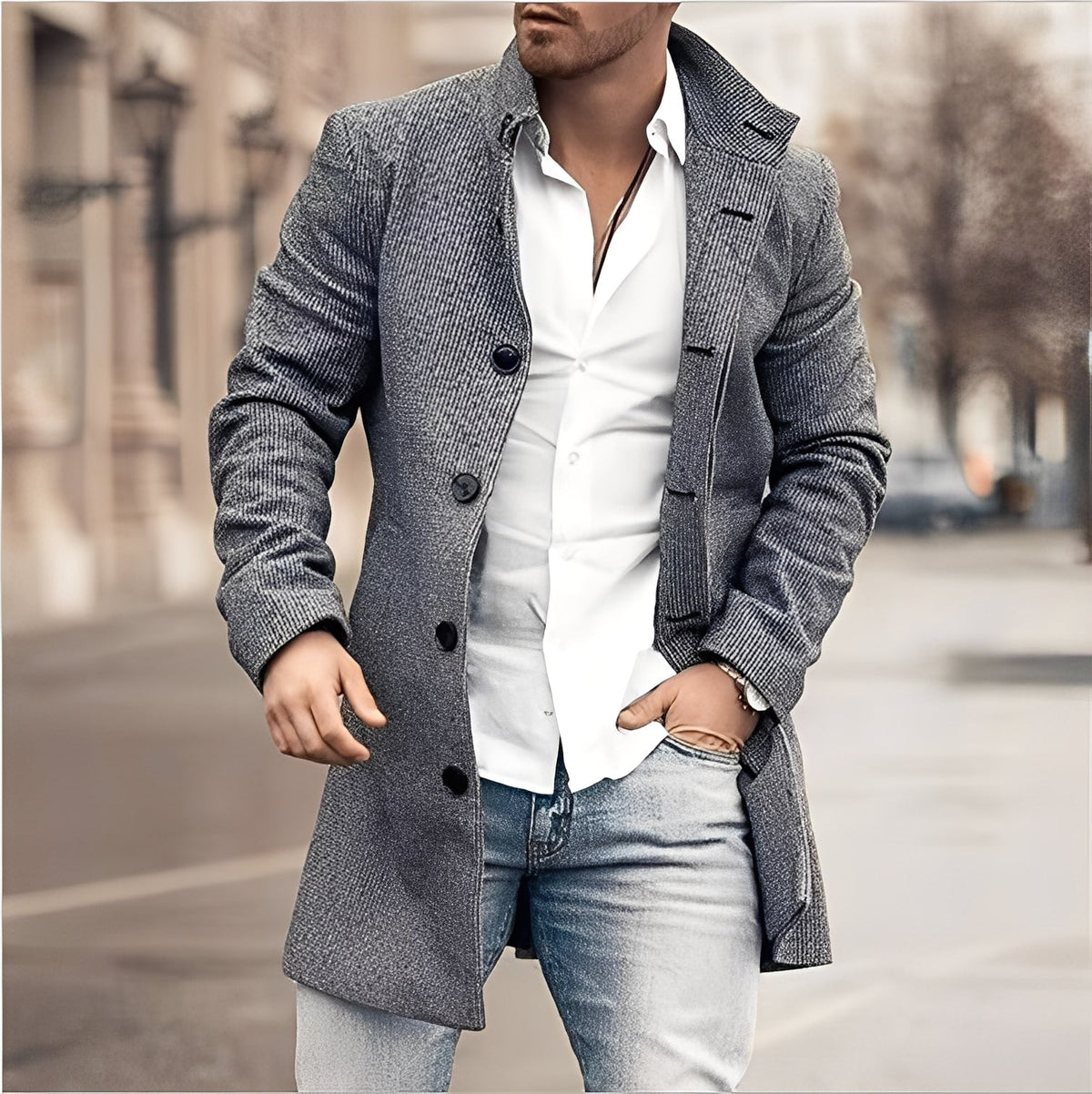 Krohn-e | Lässiger Langer Tweed-Mantel für Herren