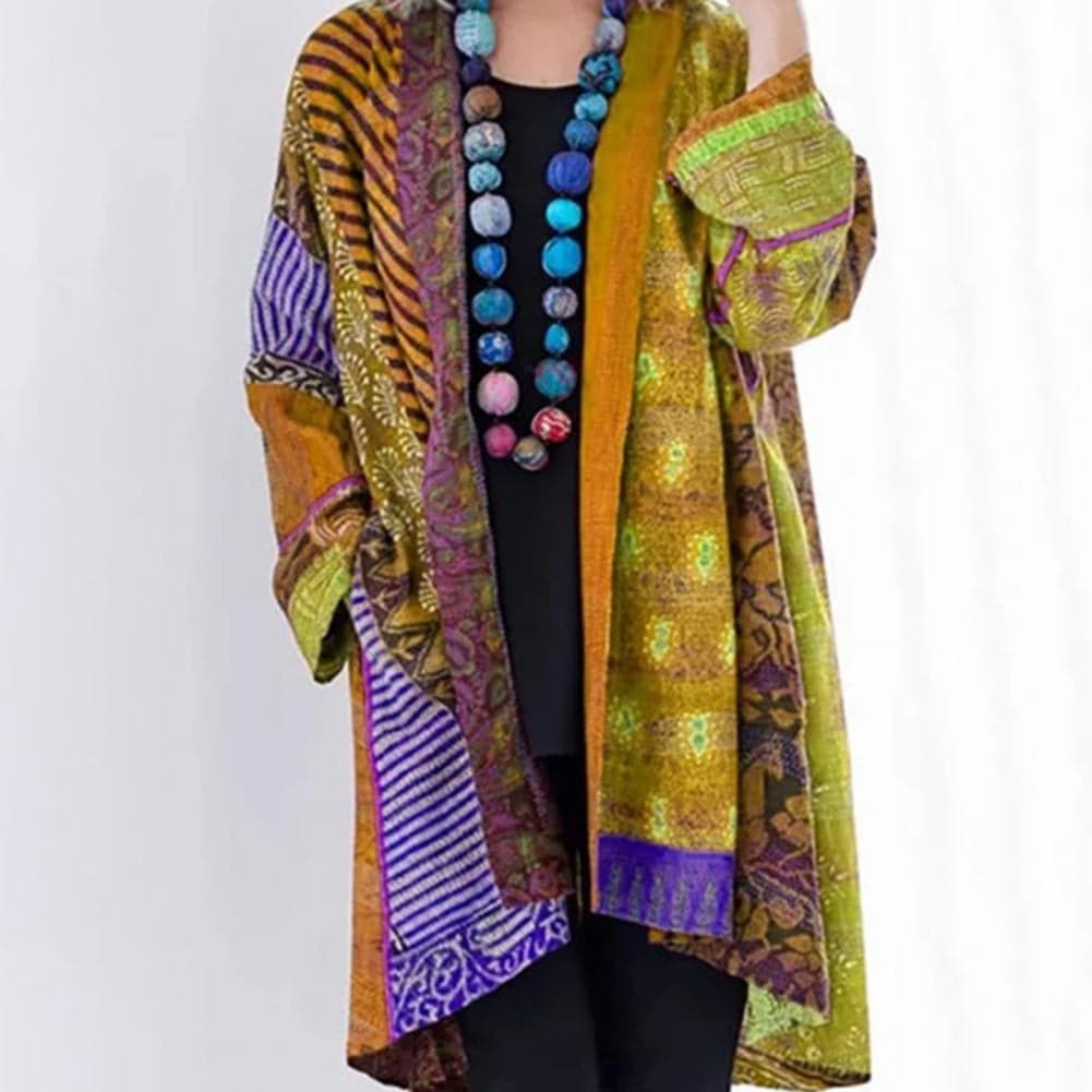 Krohn-e | Kimono-Jacke - Bohemian-Patchwork-Design - Leicht und Luftig - Langärmlig Offene Vorderseite