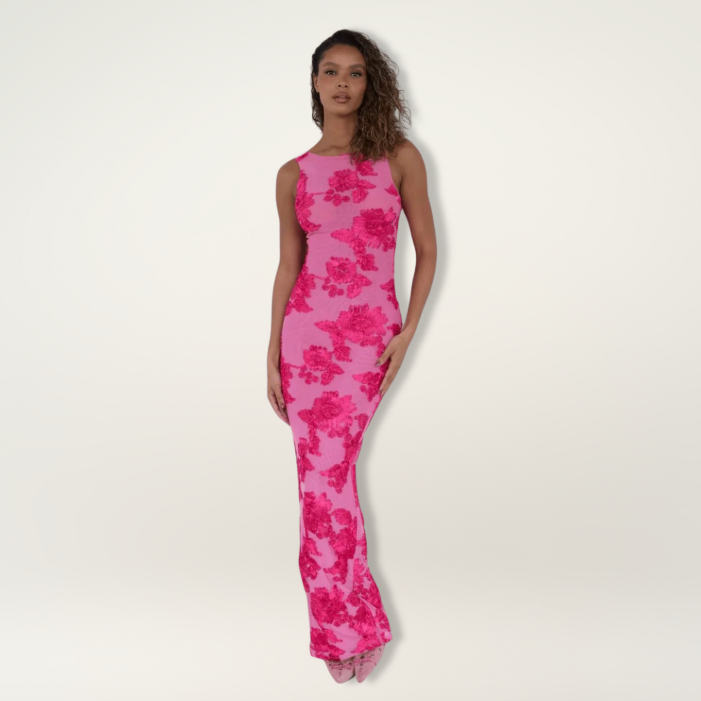 KROHN-E Damen Maxi-Kleid Blumenmuster Fließende Silhouette Rosa
