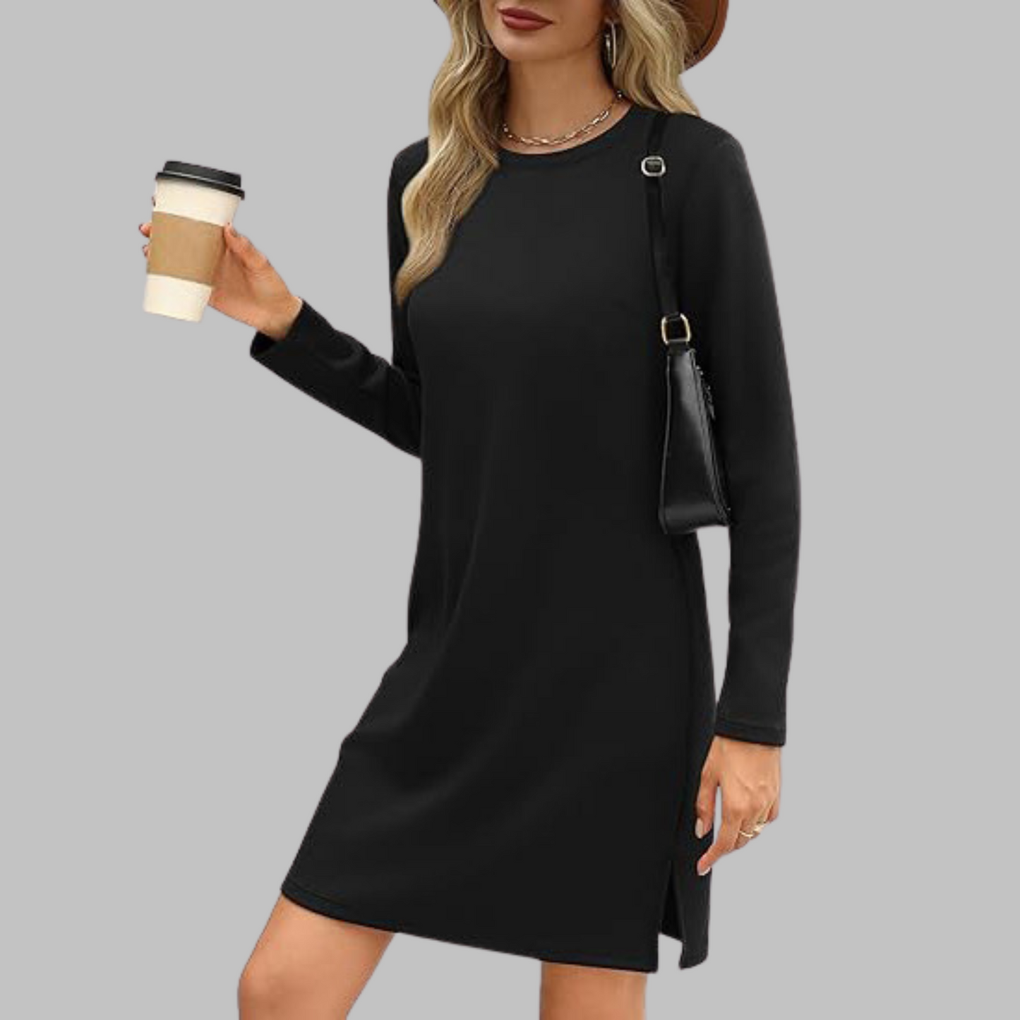 KROHN-E Damen Langarmkleid Rundhals Relaxed Fit Alltagskleid