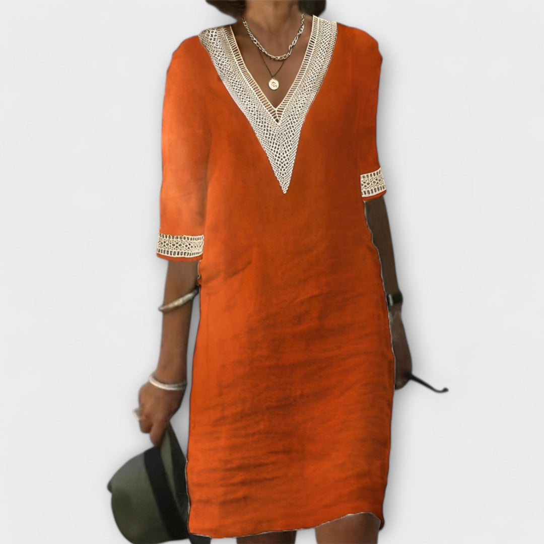 KROHN-E Damen Häkel-Kleid Lochmuster Fließende Silhouette Boho