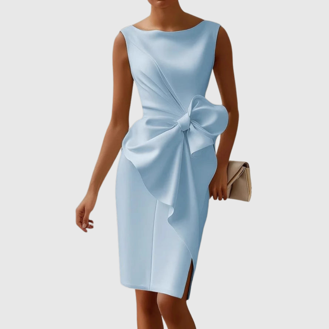 KROHN-E Damen Midi-Kleid Carmenausschnitt Schleifendetail Schwarz