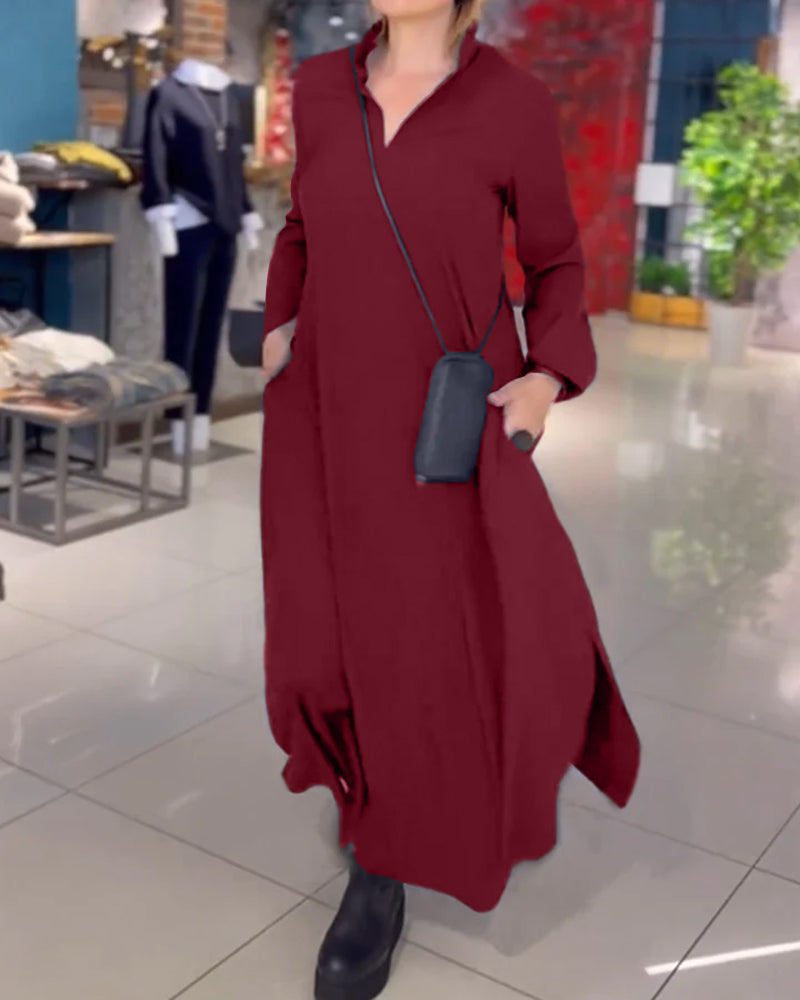Langes Lodenkleid mit Revers und Seitenschlitz
