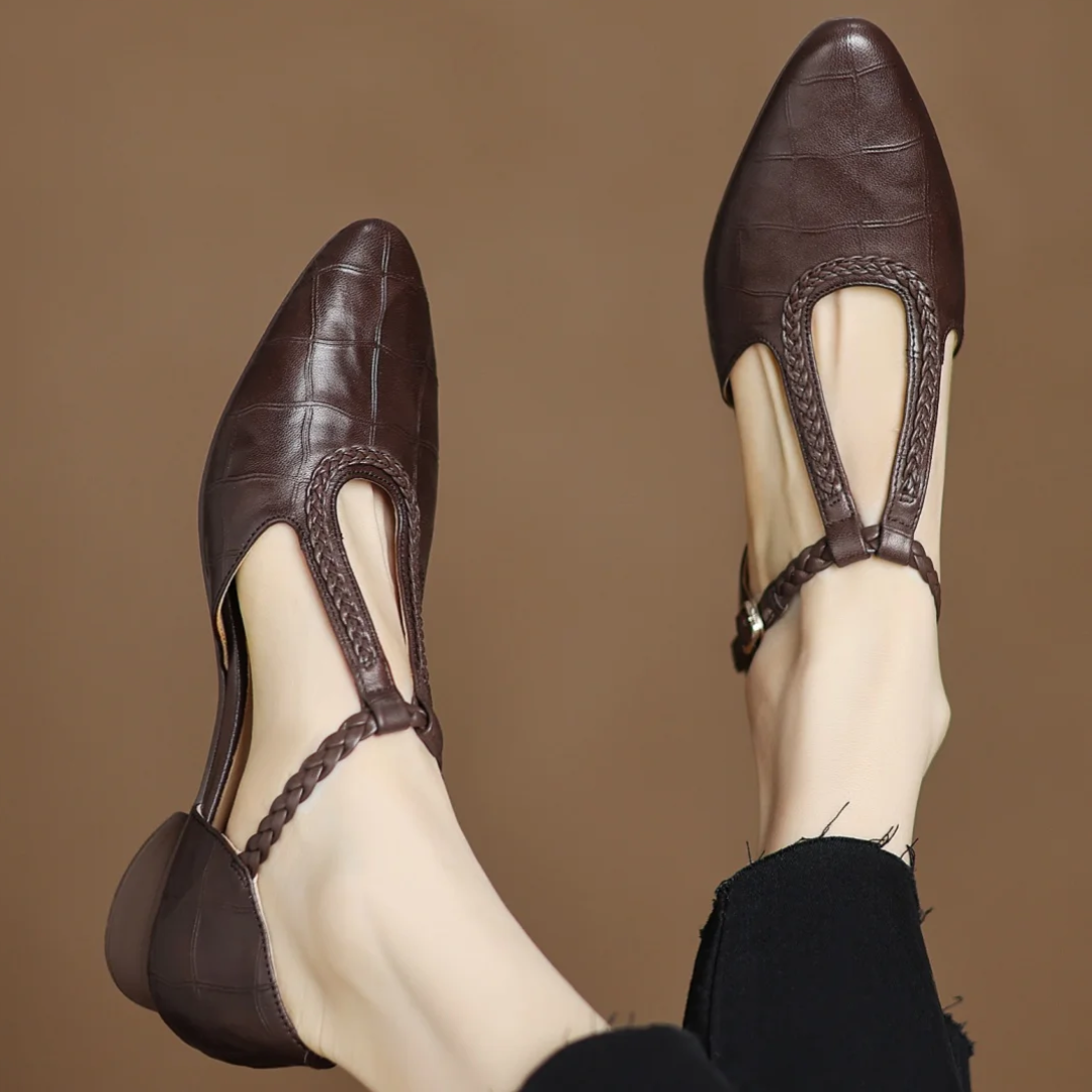 KROHN-E Damen Mary Jane Ballerinas Leder T-Riemen Schwarz