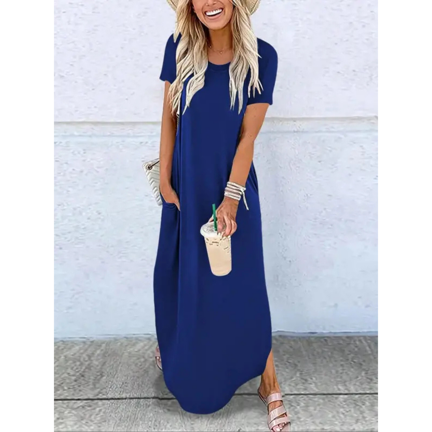 KROHN-E Damen Maxi-Kleid Rundhals Casual Sommer Leicht