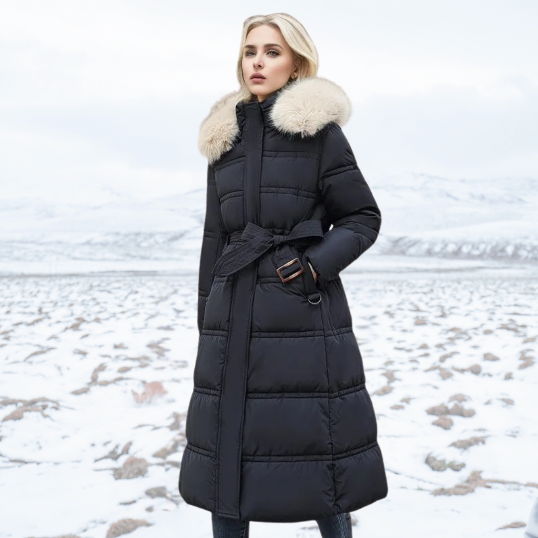 Krohn-e | Lange Winterjacke - Puffer-Design - Kunstfellkapuze - Taillierter Gürtel - Warm und Isolierend