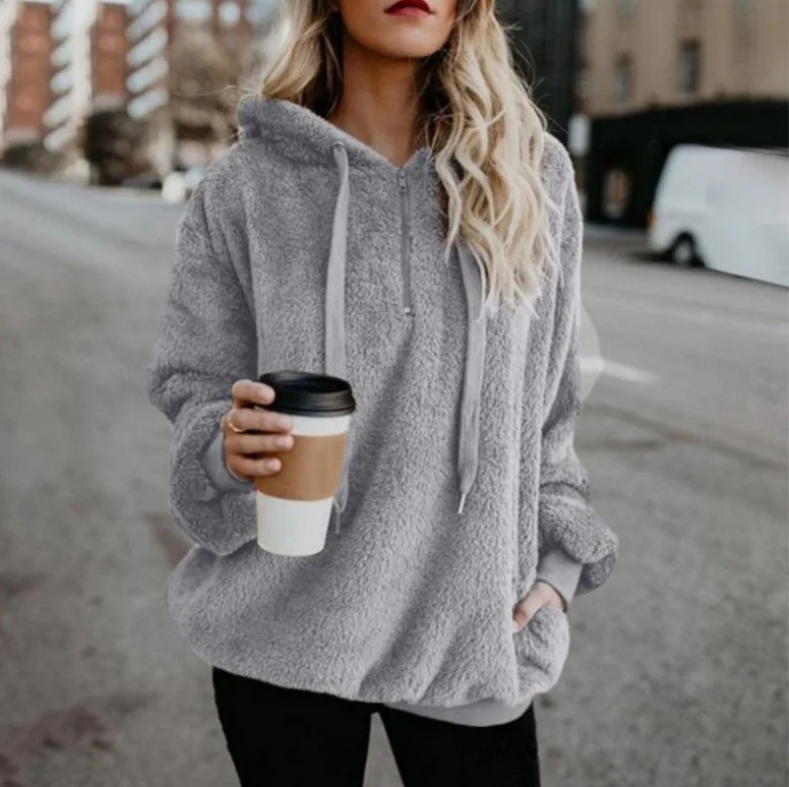 Fudus Damen Teddyjacke, großer Fleece Kapuzenpullover mit Kordelzug
