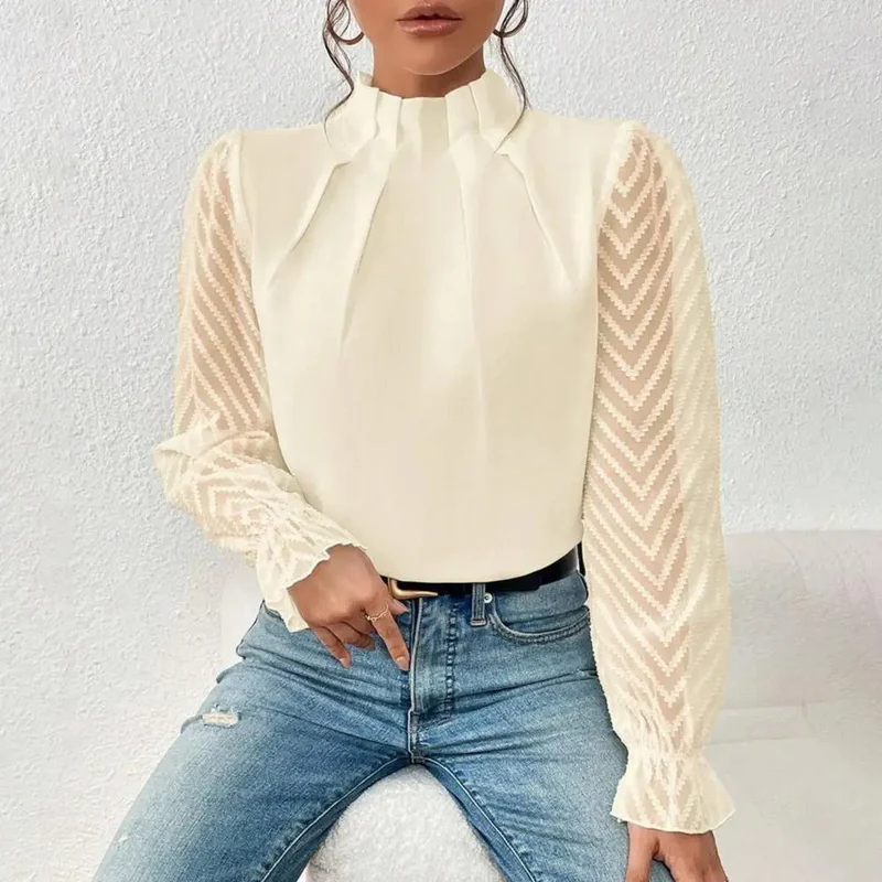 Elegante Bluse mit Spitzenärmeln und hohem Kragen von Silvene für Damen