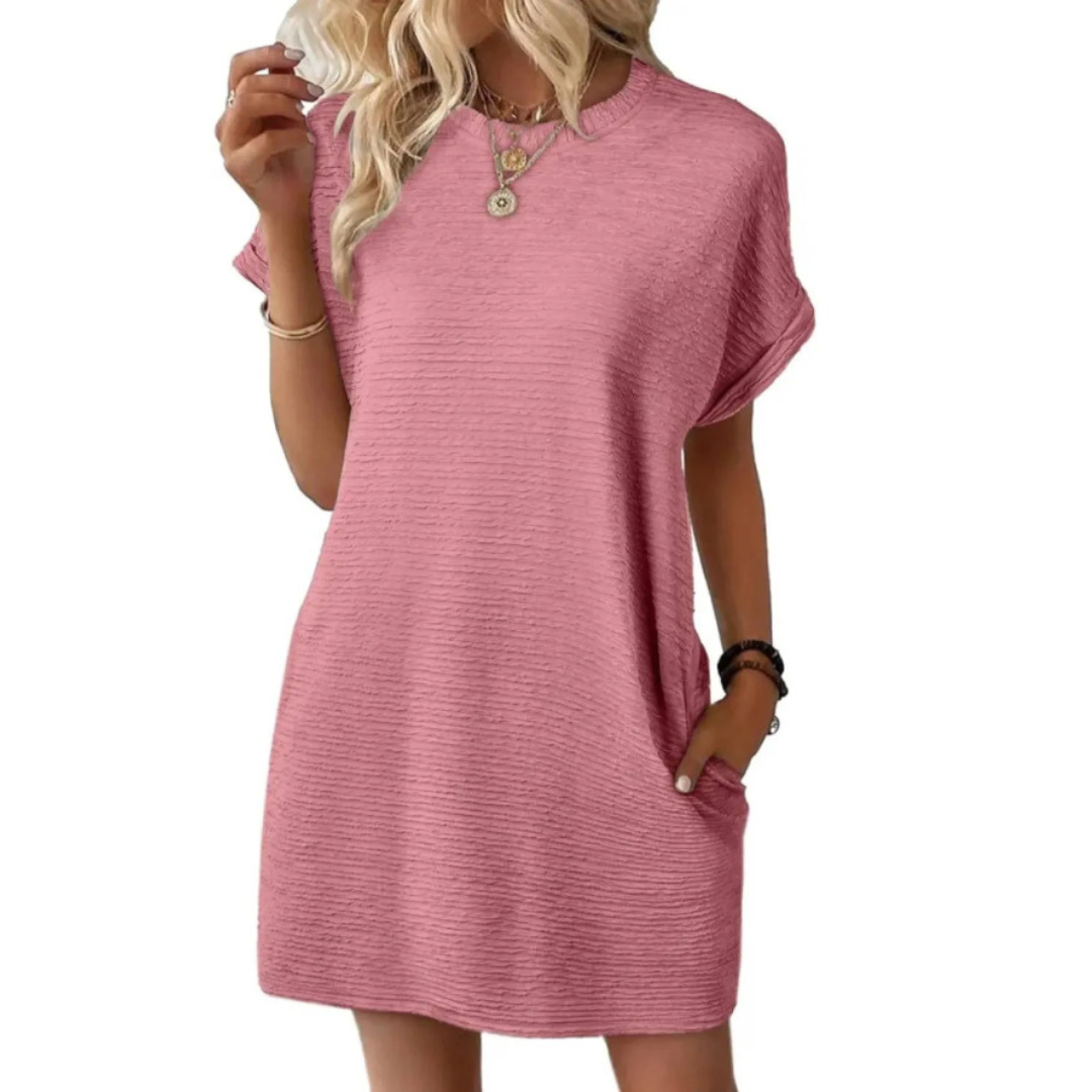 KROHN-E Damen Mini-Kleid Rundhals Kurze Ärmel Pink