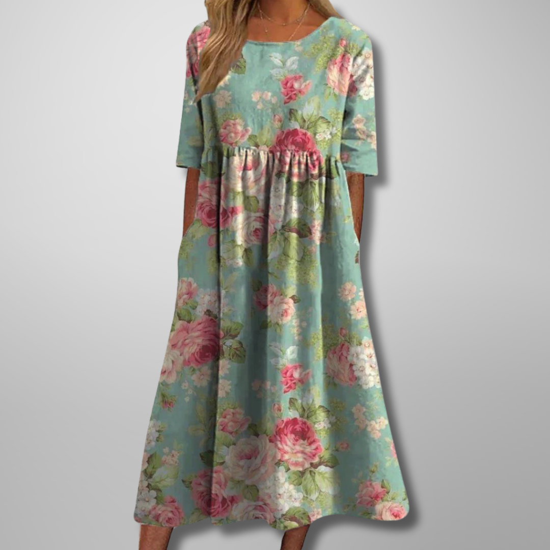 Dorothea | Damen Midi-Kleid Aquarell-Blumendruck Rundhals