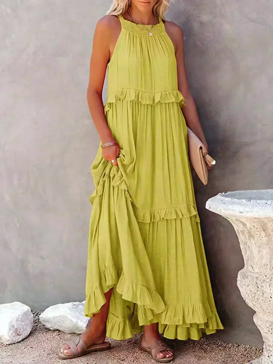 KROHN-E Damen Ärmelloses Kleid Rüschen Fließend Sommerkleid Romantisch