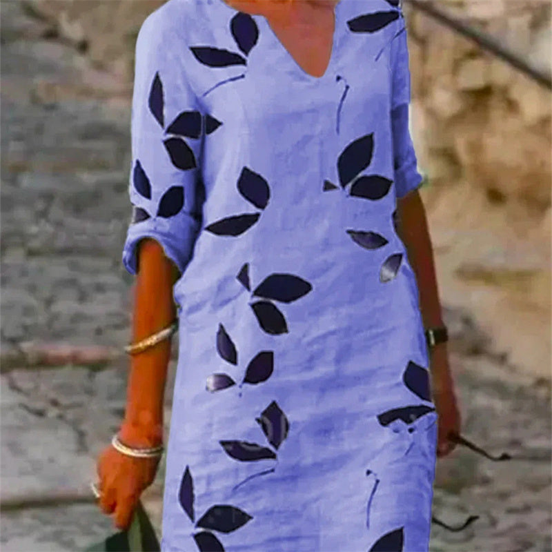 Fudus Halbarm Freizeitkleid mit Weinlese-Blätterdruck