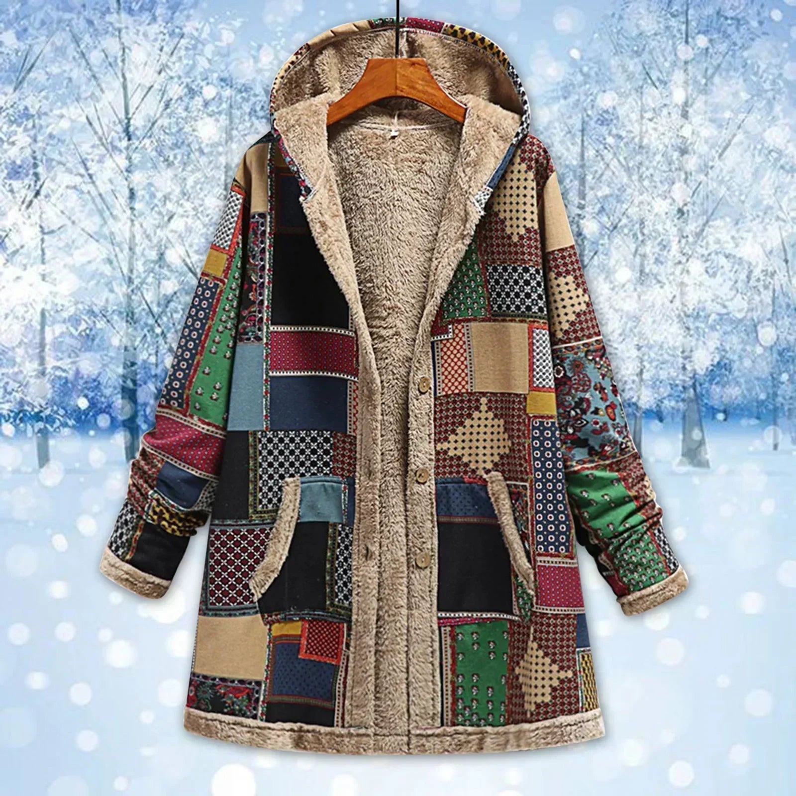 Krohn-e | Fleecejacke - Relaxed Fit - Kapuze - Patchwork - Langes Modell - Lässiger Stil