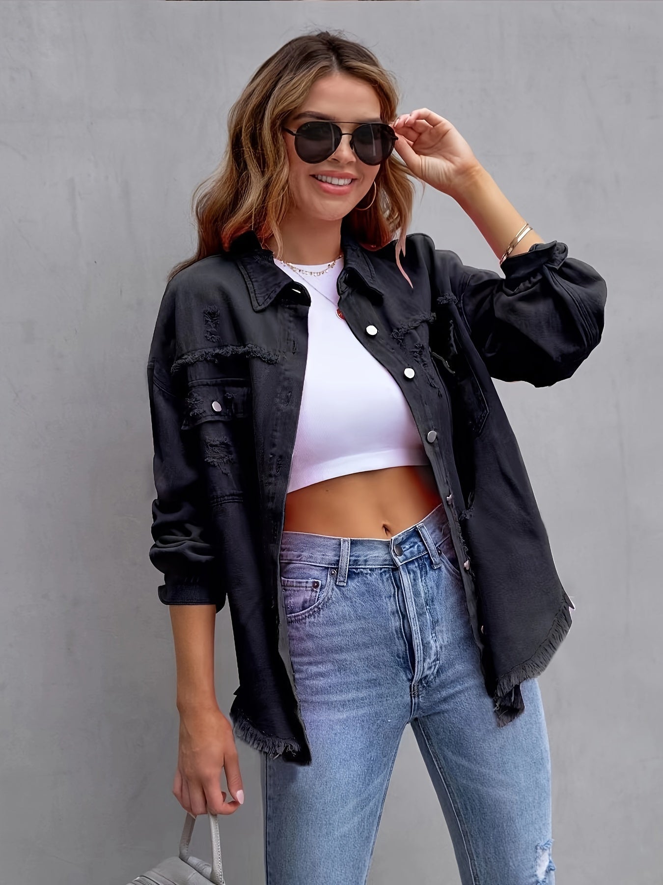 Krohn-e | Denimjacke Boho Nicht Dehnbar, Einfarbig, Knopfverschluss