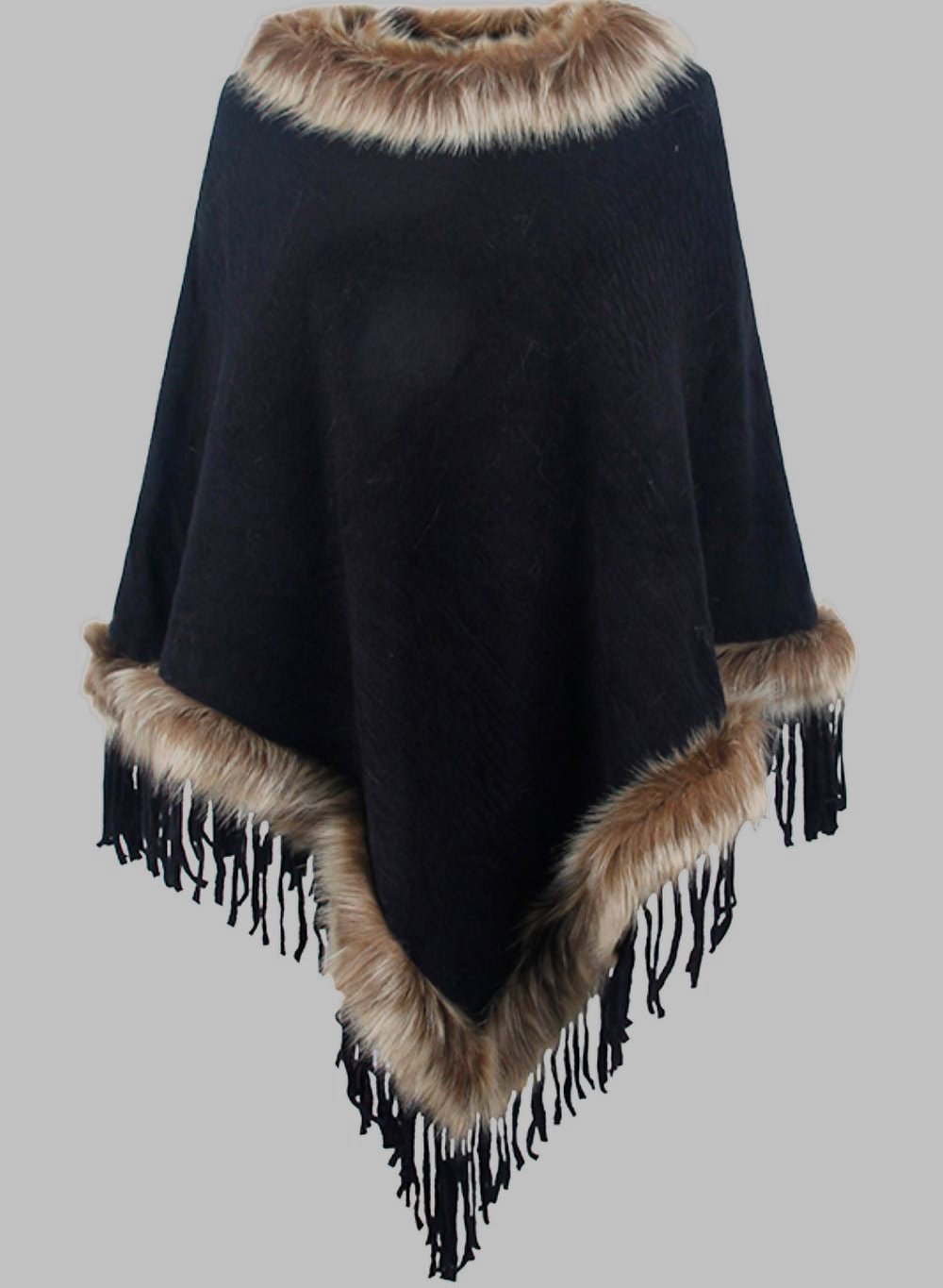Krohn-e | Elegante Damen Poncho mit Pelzkragen und Fransen