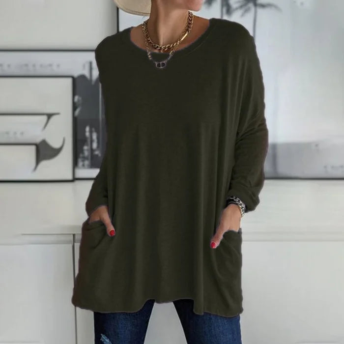 Noja | Damen Longshirt Übergroß Rundhals Seitentaschen Herbst