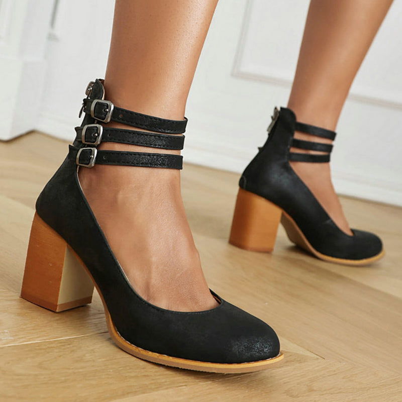 KROHN-E Damen Sandalen Knöchelriemen Blockabsatz Elegant