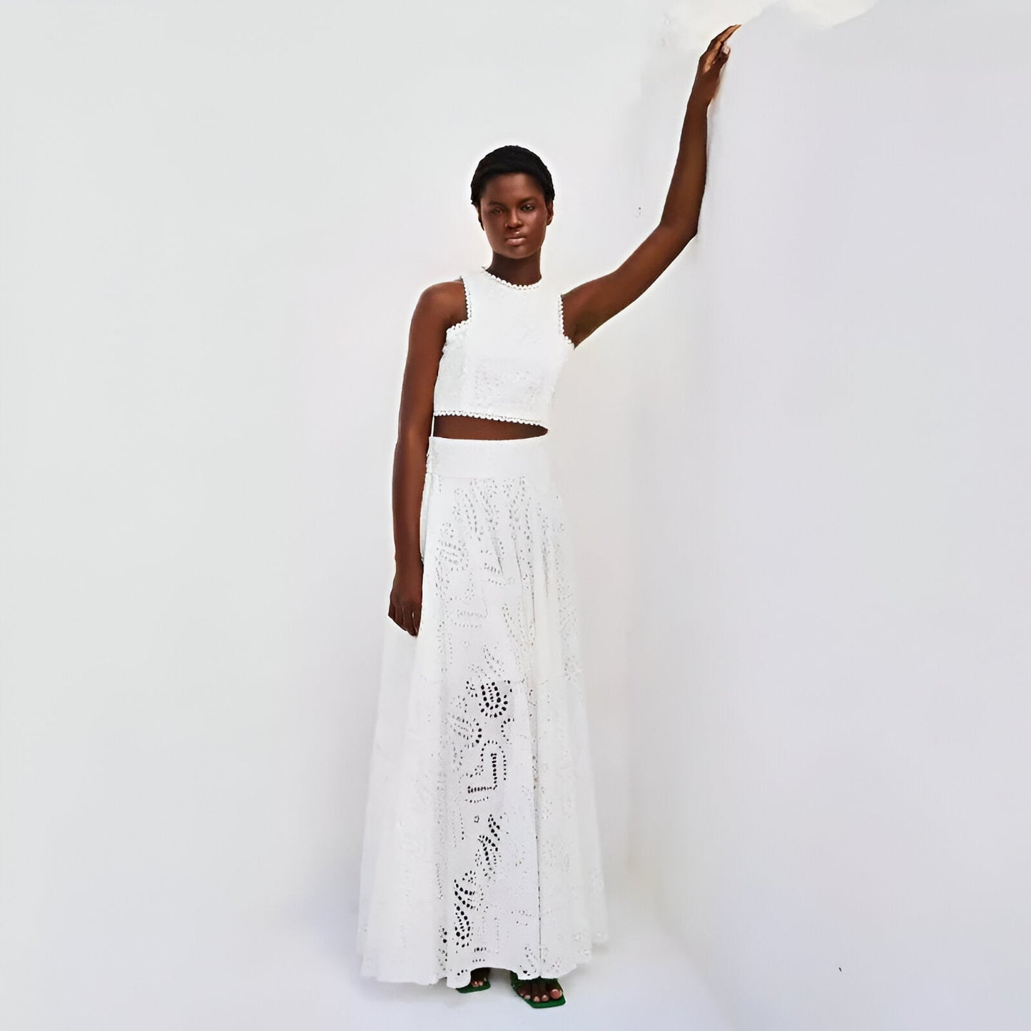 Fudus Baumwoll-Leinen-Crop-Top mit langen Pagodenärmeln, 2-teiliges Set