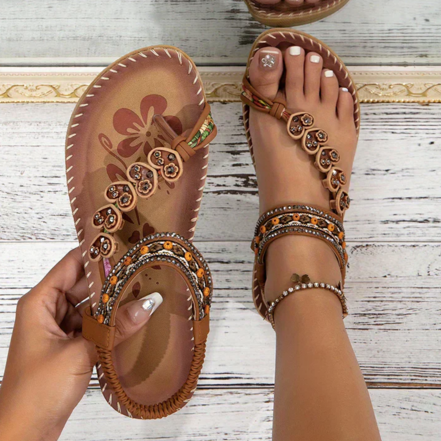 KROHN-E Damen Sandalen Boho-Style Gepolstert Sommer