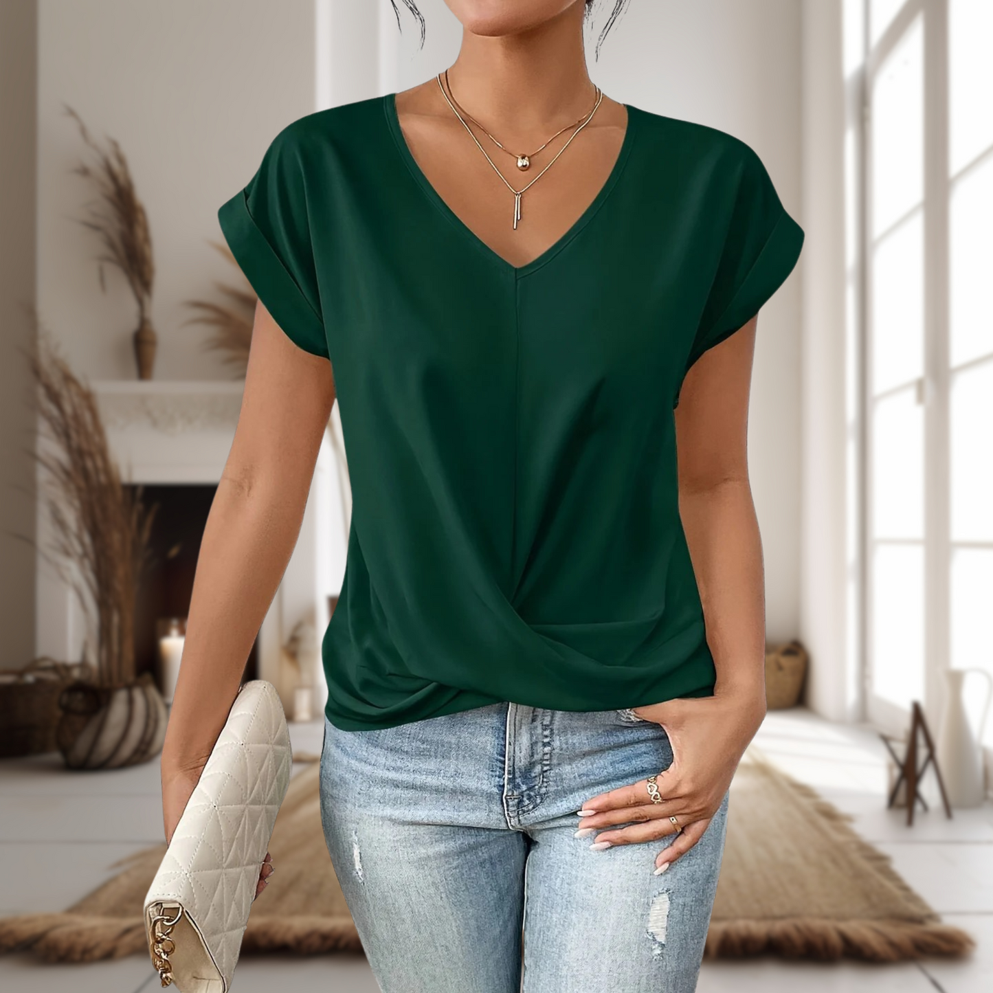 KROHN-E Damen T-Shirt Herzausschnitt Kurzarm Weicher Stoff Casual